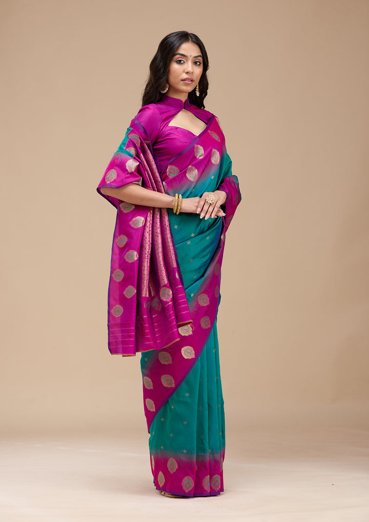 Rama Green Silk Buti Gold Zariwork Saree With Matching Blouse Piece
