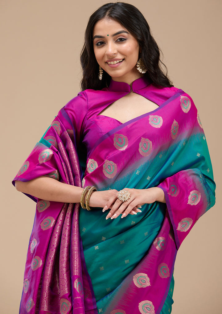 Rama Green Silk Buti Gold Zariwork Saree With Matching Blouse Piece