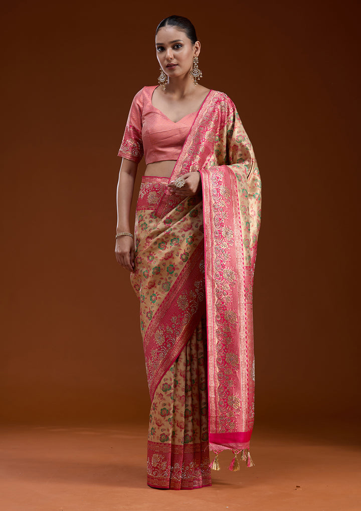 Beige Silk Jaal Printed Saree With Matching Blouse Piece