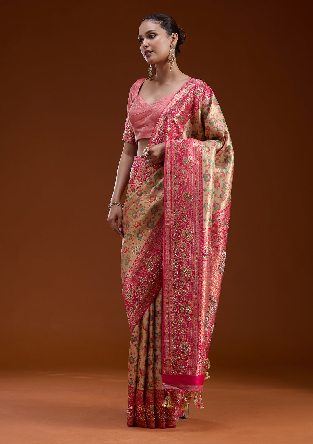 Beige Silk Jaal Printed Saree With Matching Blouse Piece