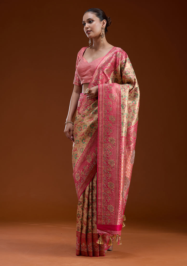 Beige Silk Jaal Printed Saree With Matching Blouse Piece
