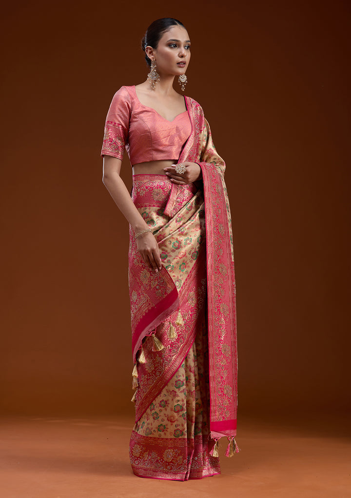 Beige Silk Jaal Printed Saree With Matching Blouse Piece