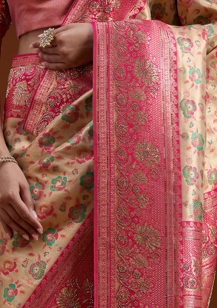 Beige Silk Jaal Printed Saree With Matching Blouse Piece