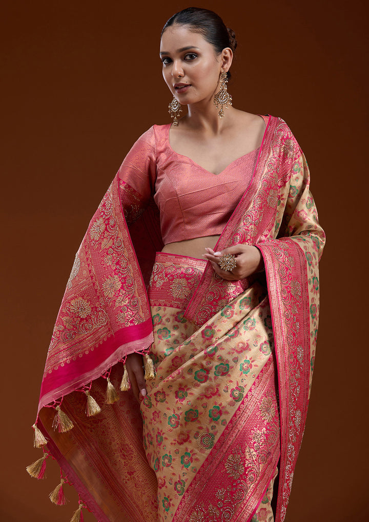 Beige Silk Jaal Printed Saree With Matching Blouse Piece