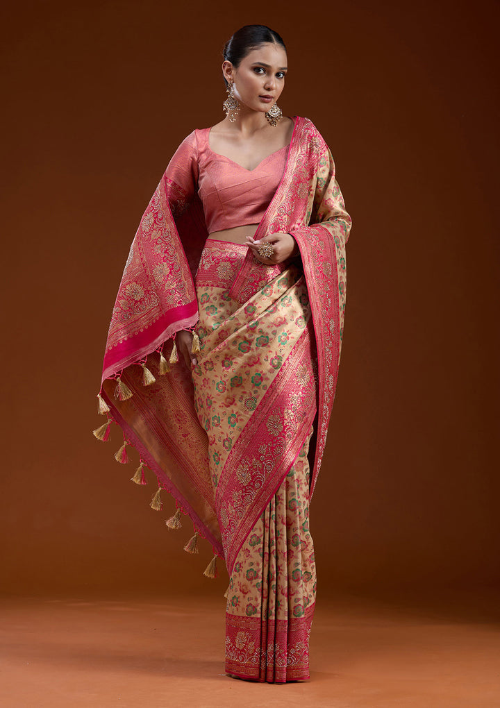 Beige Silk Jaal Printed Saree With Matching Blouse Piece