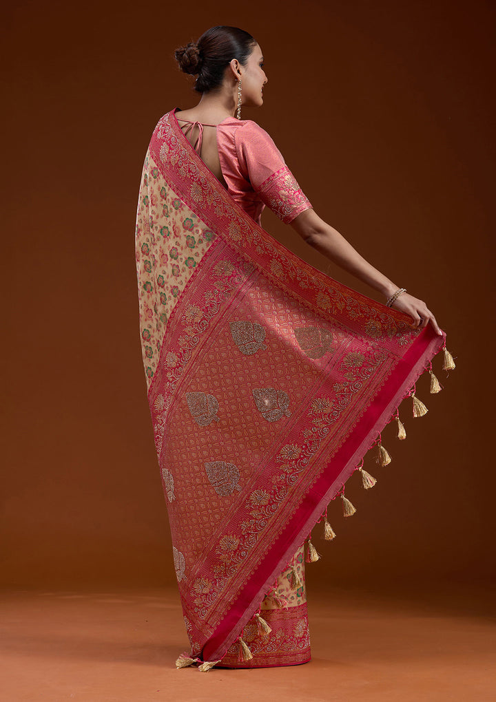 Beige Silk Jaal Printed Saree With Matching Blouse Piece