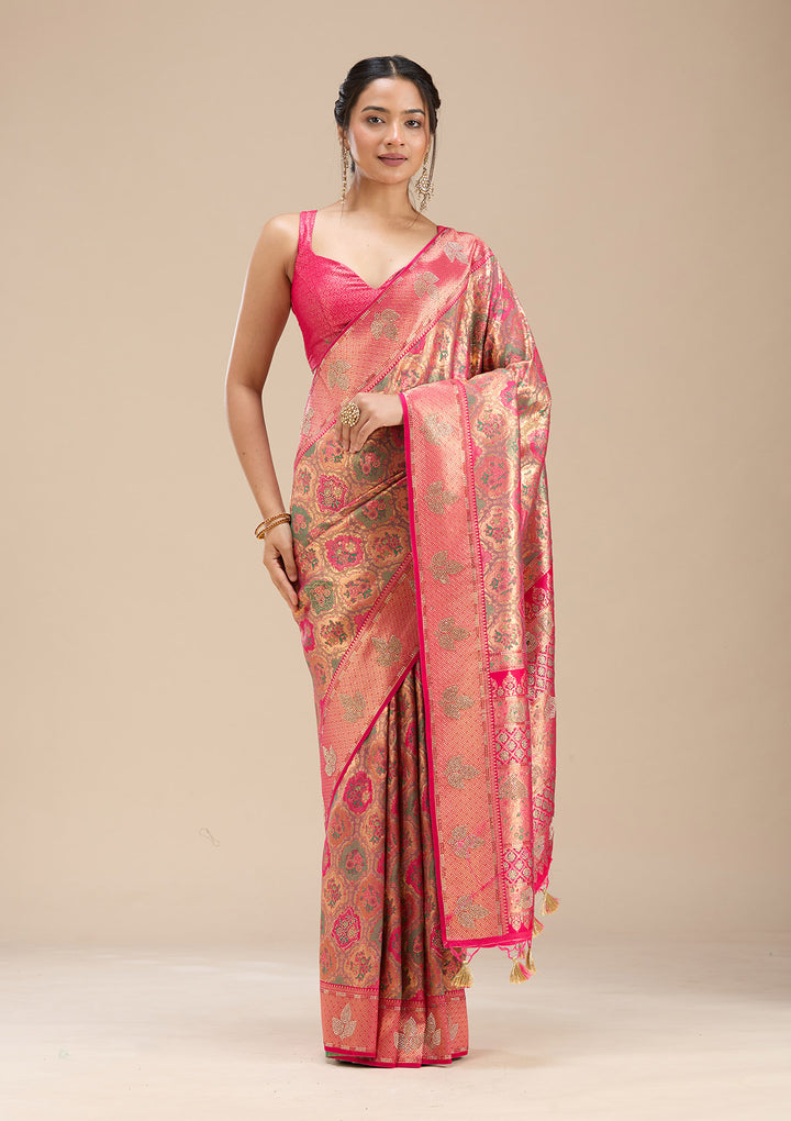 Rani Pink Silk Jaal Printed Saree With Matching Blouse Piece