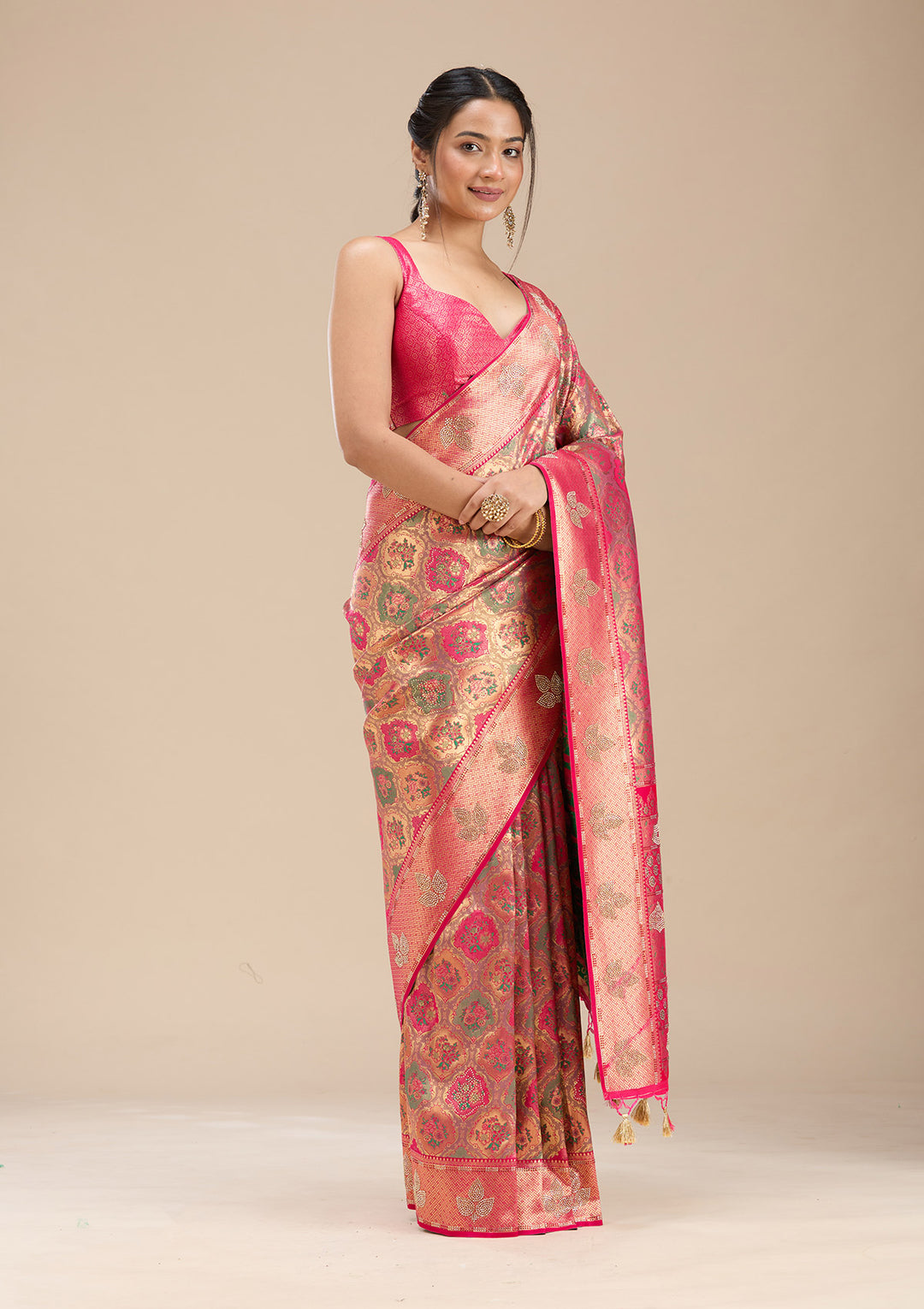 Rani Pink Silk Jaal Printed Saree With Matching Blouse Piece