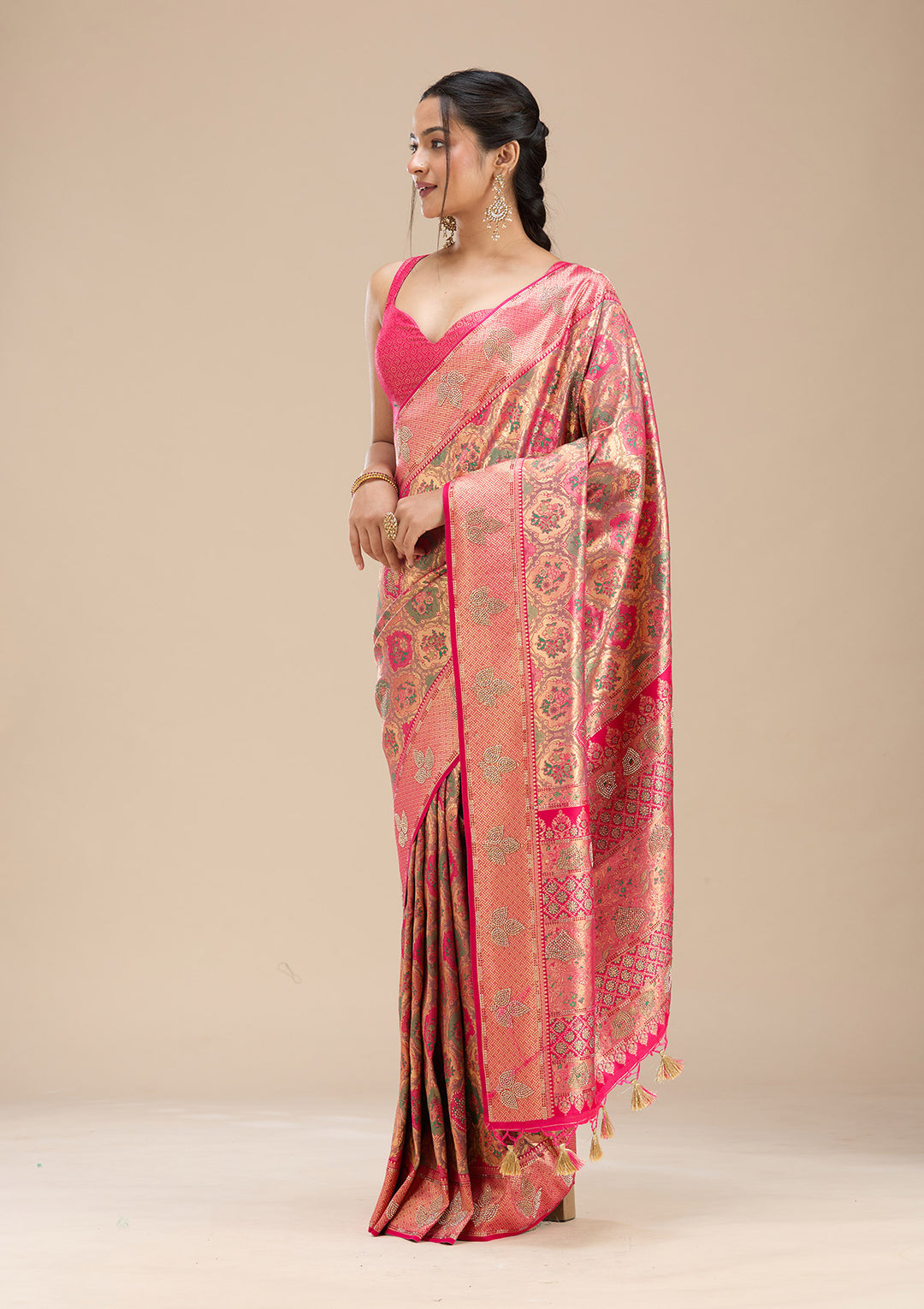 Rani Pink Silk Jaal Printed Saree With Matching Blouse Piece