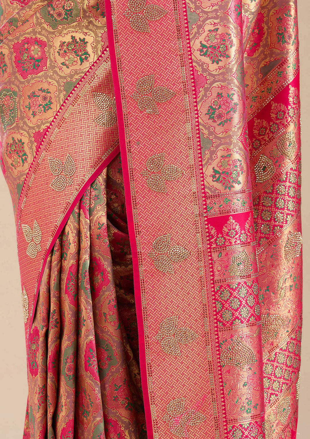 Rani Pink Silk Jaal Printed Saree With Matching Blouse Piece