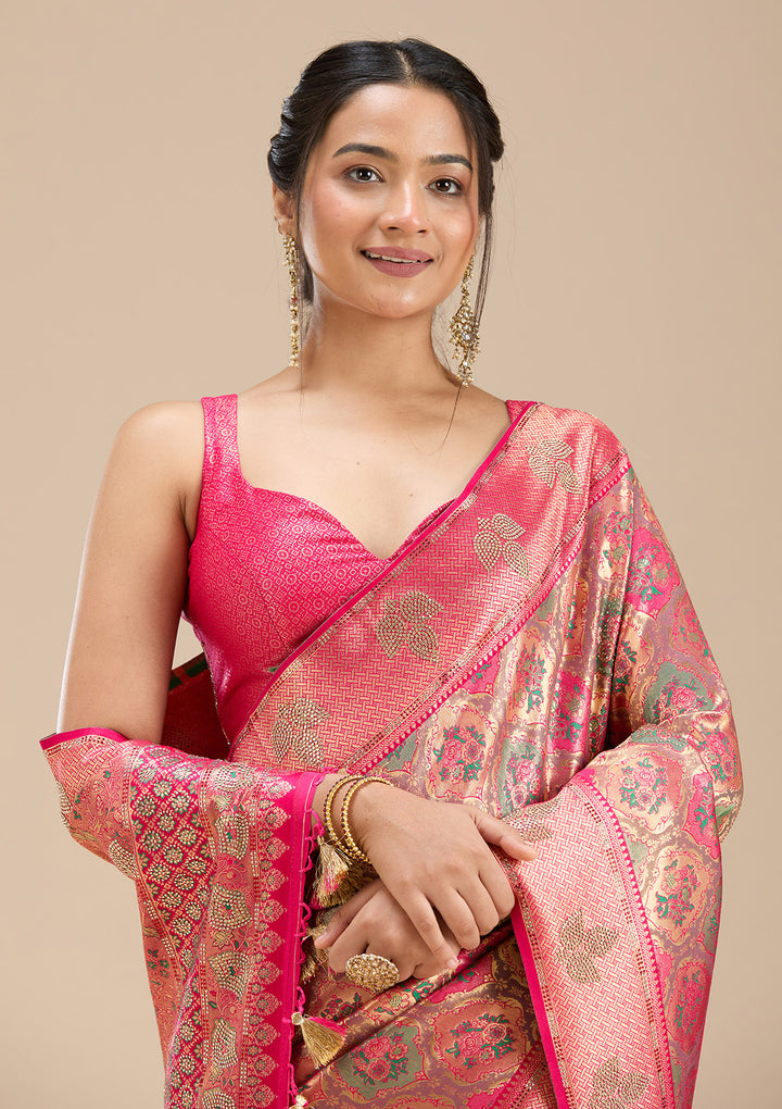 Rani Pink Silk Jaal Printed Saree With Matching Blouse Piece