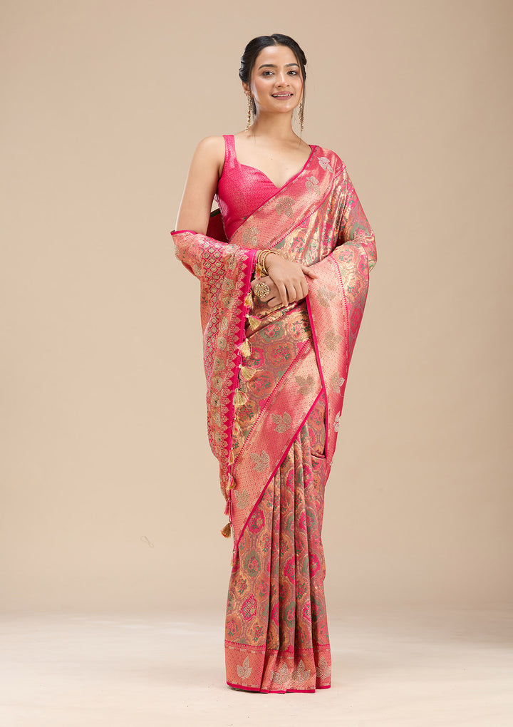Rani Pink Silk Jaal Printed Saree With Matching Blouse Piece
