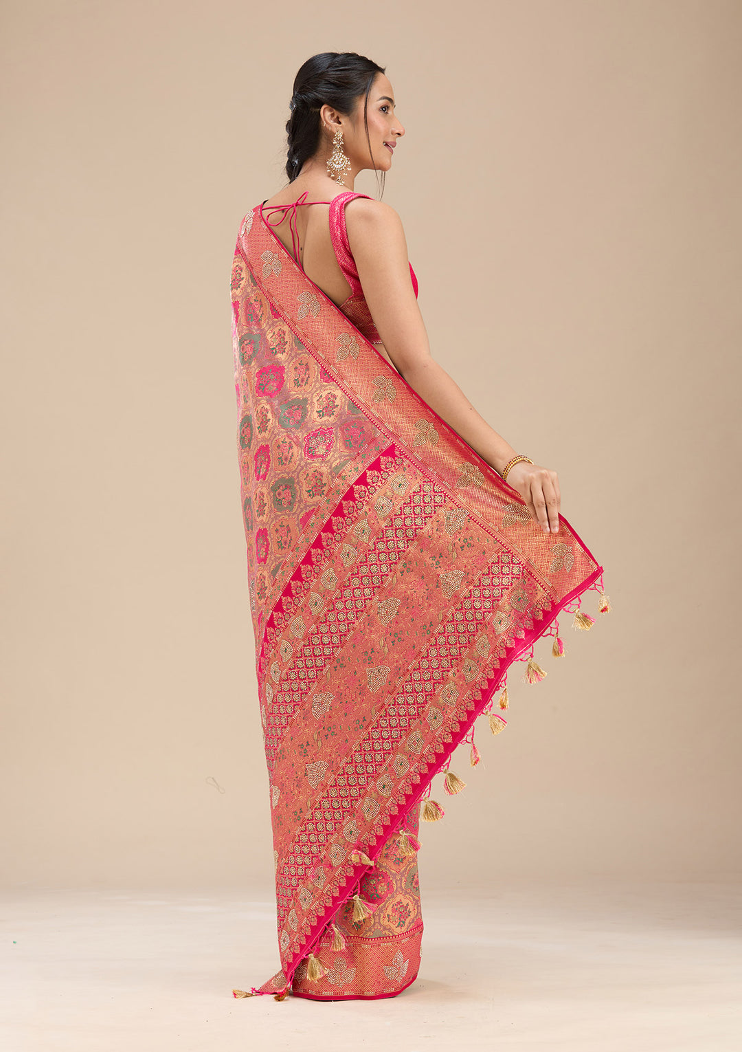 Rani Pink Silk Jaal Printed Saree With Matching Blouse Piece