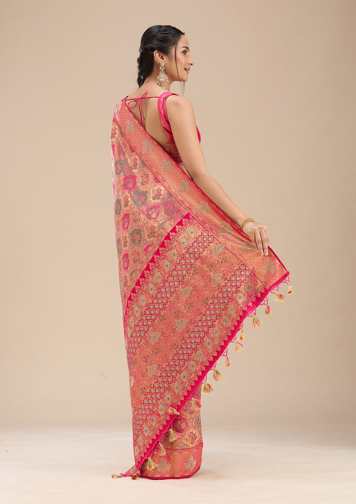 Rani Pink Silk Jaal Printed Saree With Matching Blouse Piece