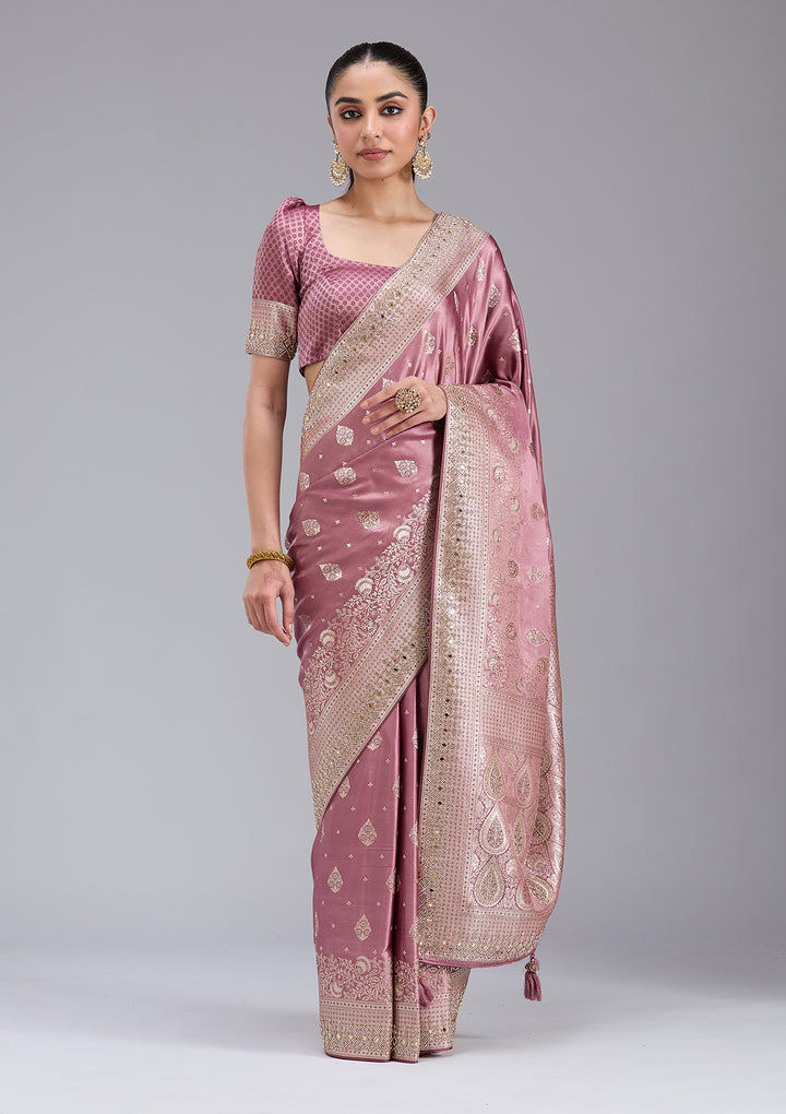 Mauve Silk Buti Mirrorwork Saree With Matching Blouse Piece