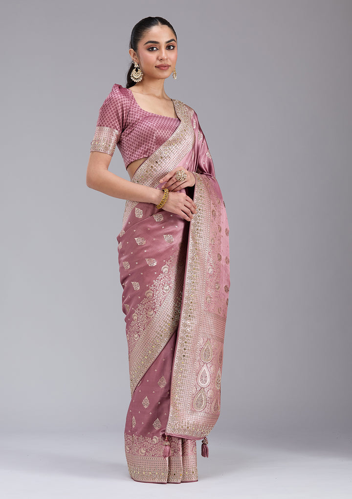 Mauve Silk Buti Mirrorwork Saree With Matching Blouse Piece