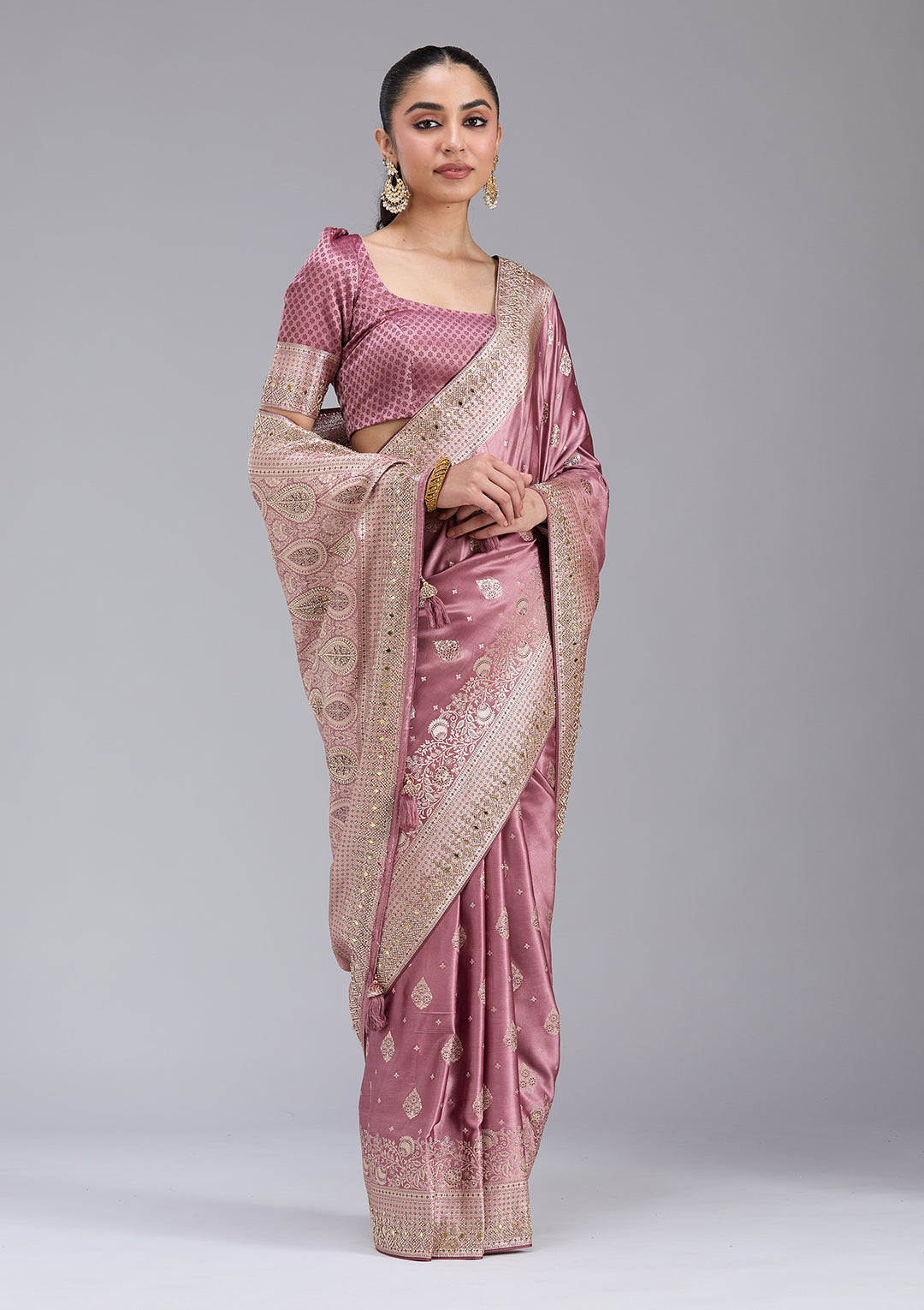 Mauve Silk Buti Mirrorwork Saree With Matching Blouse Piece