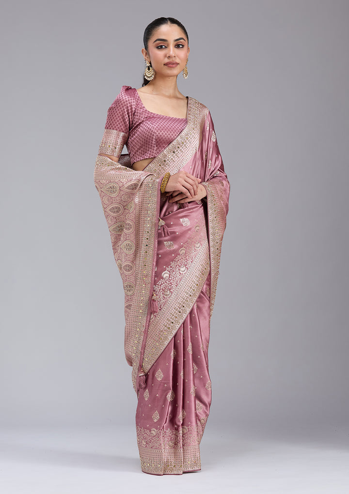Mauve Silk Buti Mirrorwork Saree With Matching Blouse Piece