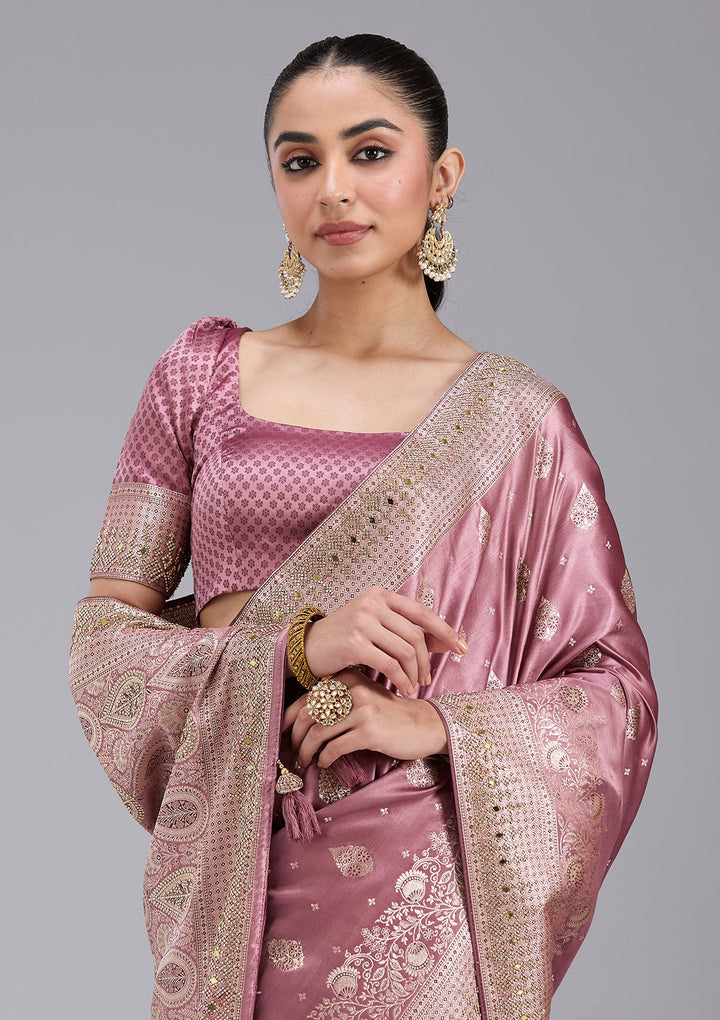 Mauve Silk Buti Mirrorwork Saree With Matching Blouse Piece