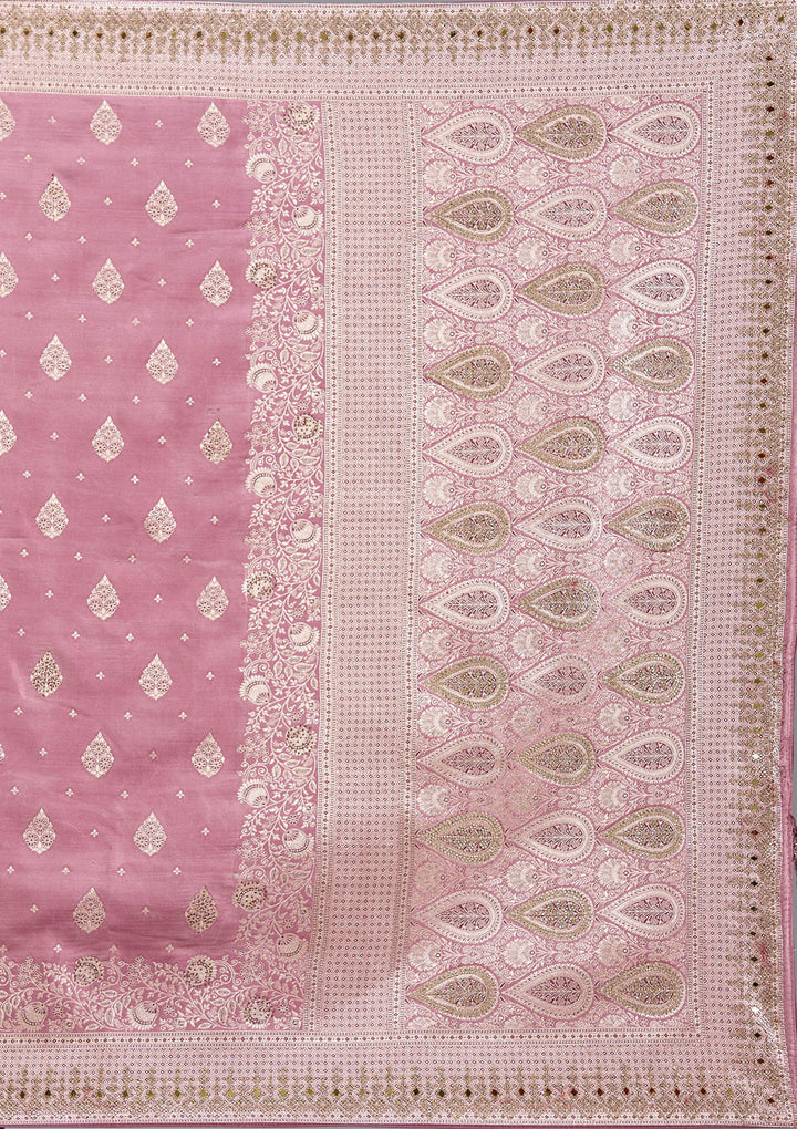 Mauve Silk Buti Mirrorwork Saree With Matching Blouse Piece