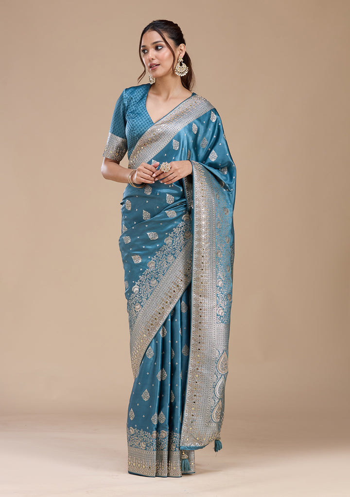 Navy Blue Silk Buti Stonework Saree With Matching Blouse Piece