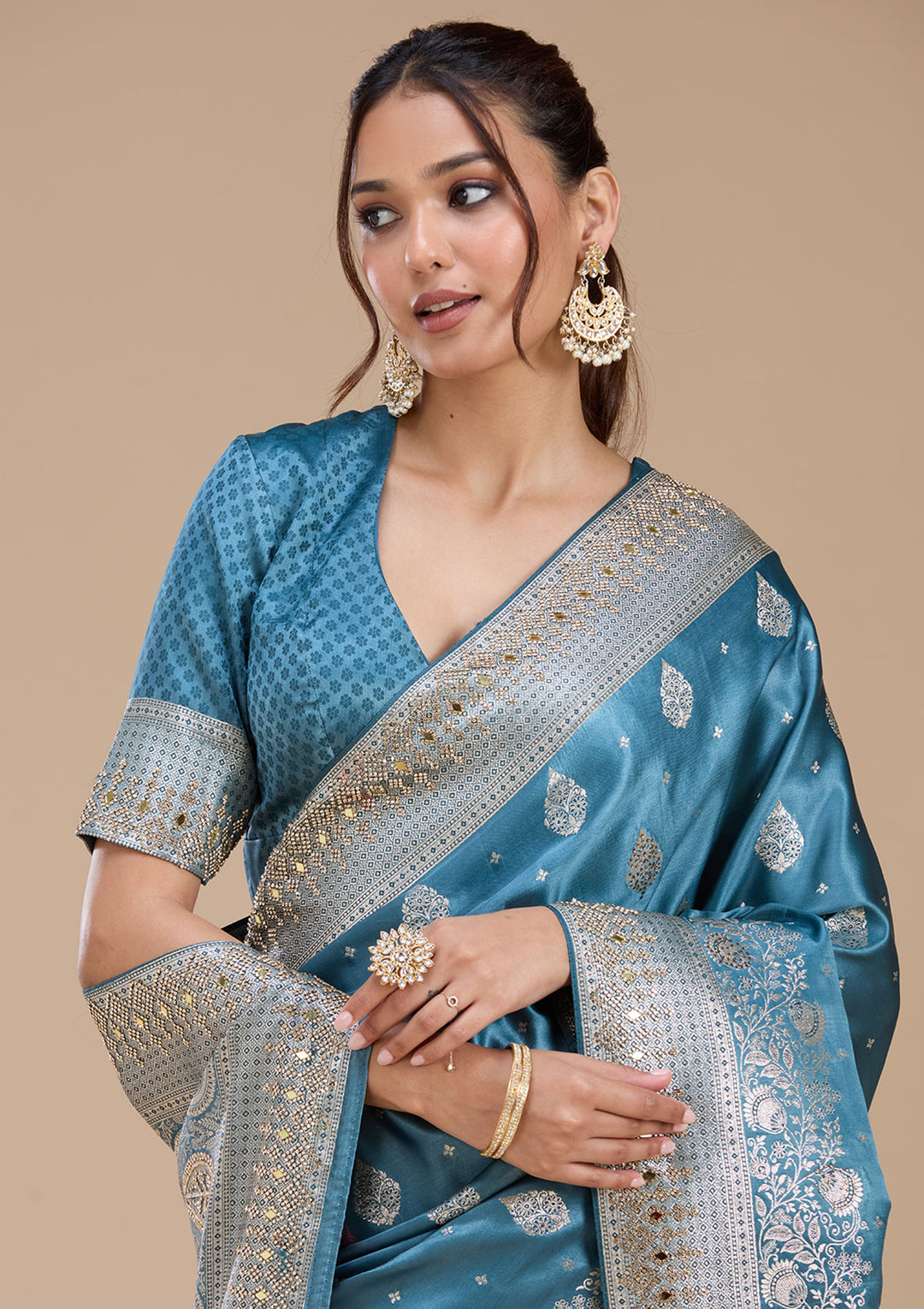 Navy Blue Silk Buti Stonework Saree With Matching Blouse Piece