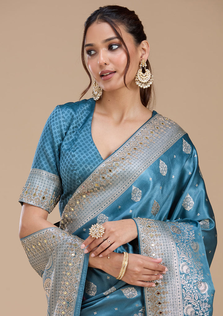 Navy Blue Silk Buti Stonework Saree With Matching Blouse Piece