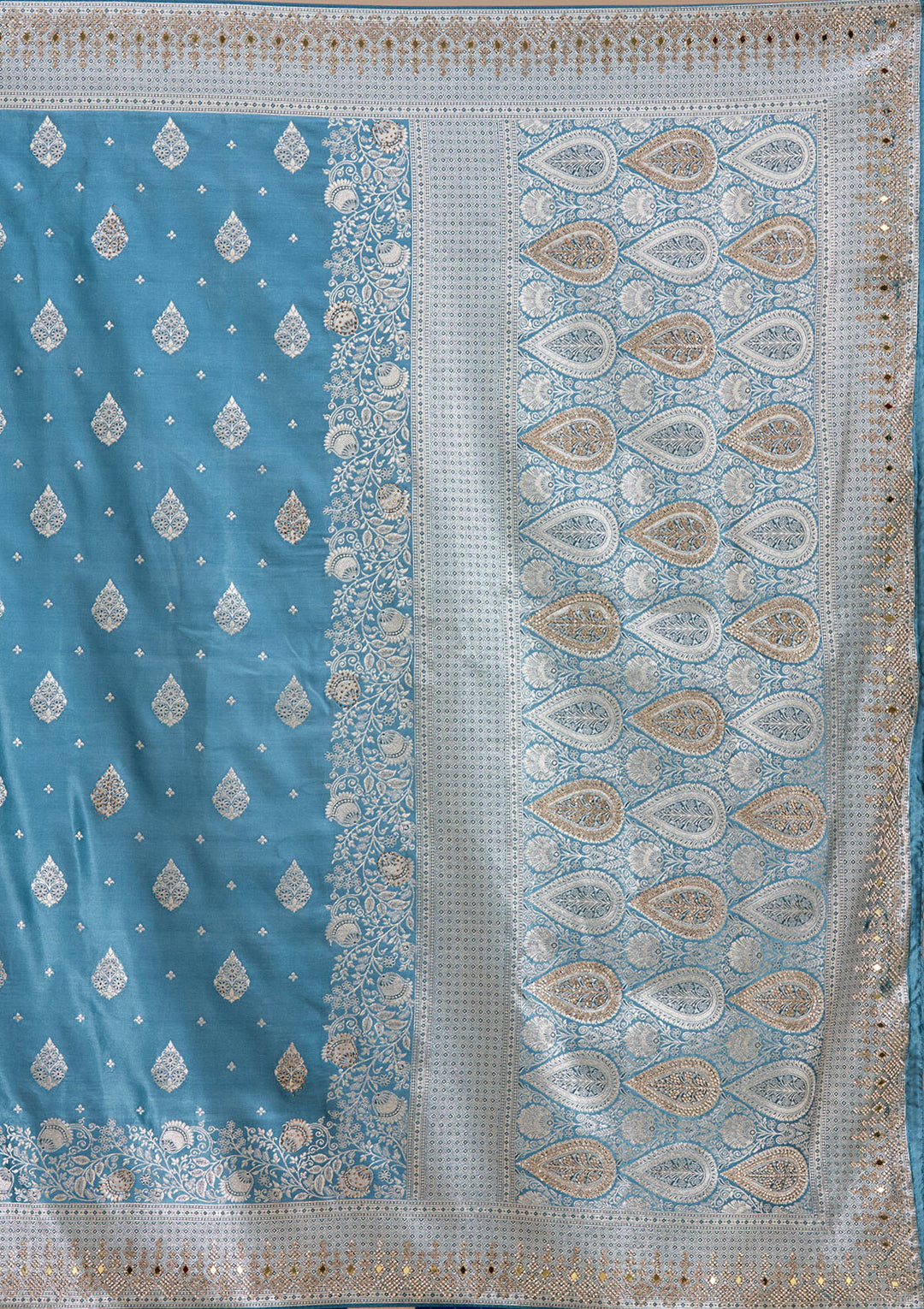 Navy Blue Silk Buti Stonework Saree With Matching Blouse Piece