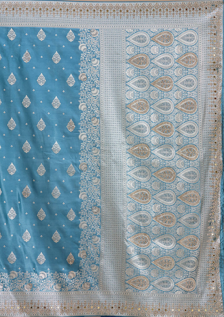 Navy Blue Silk Buti Stonework Saree With Matching Blouse Piece