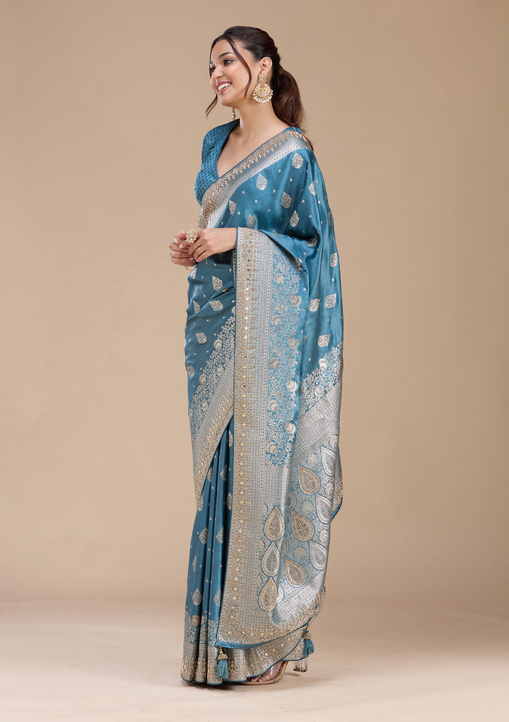 Navy Blue Silk Buti Stonework Saree With Matching Blouse Piece