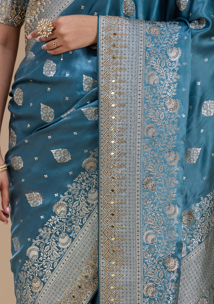 Navy Blue Silk Buti Stonework Saree With Matching Blouse Piece