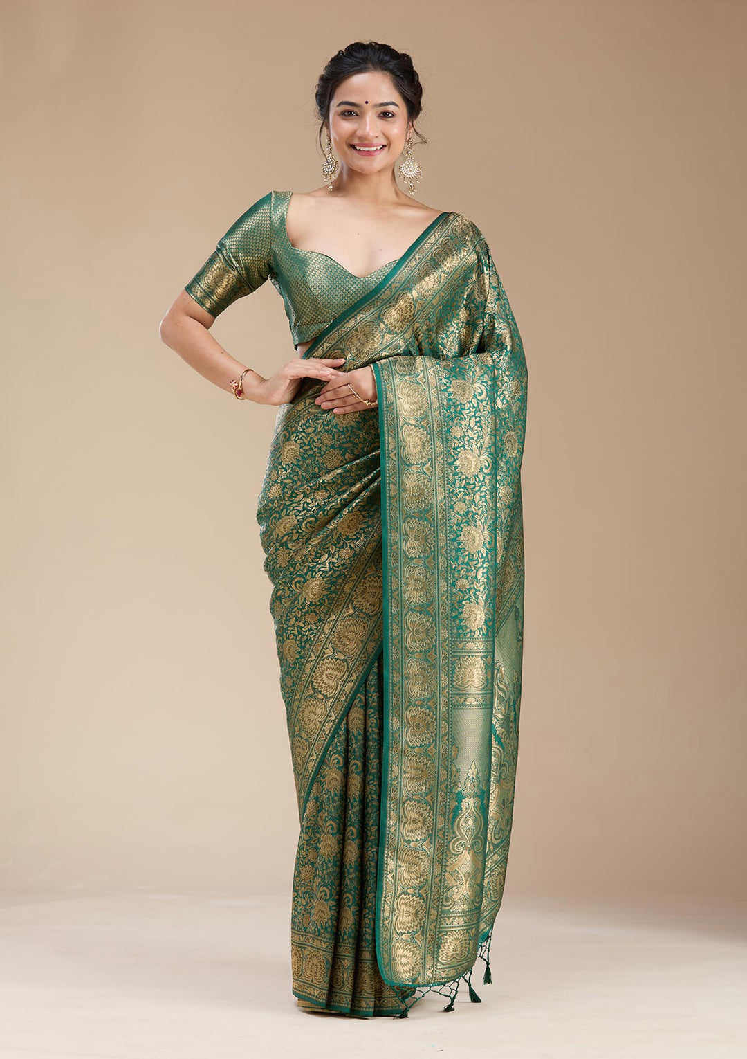 Bottle Green Silk Jaal Zariwork Saree With Matching Blouse Piece