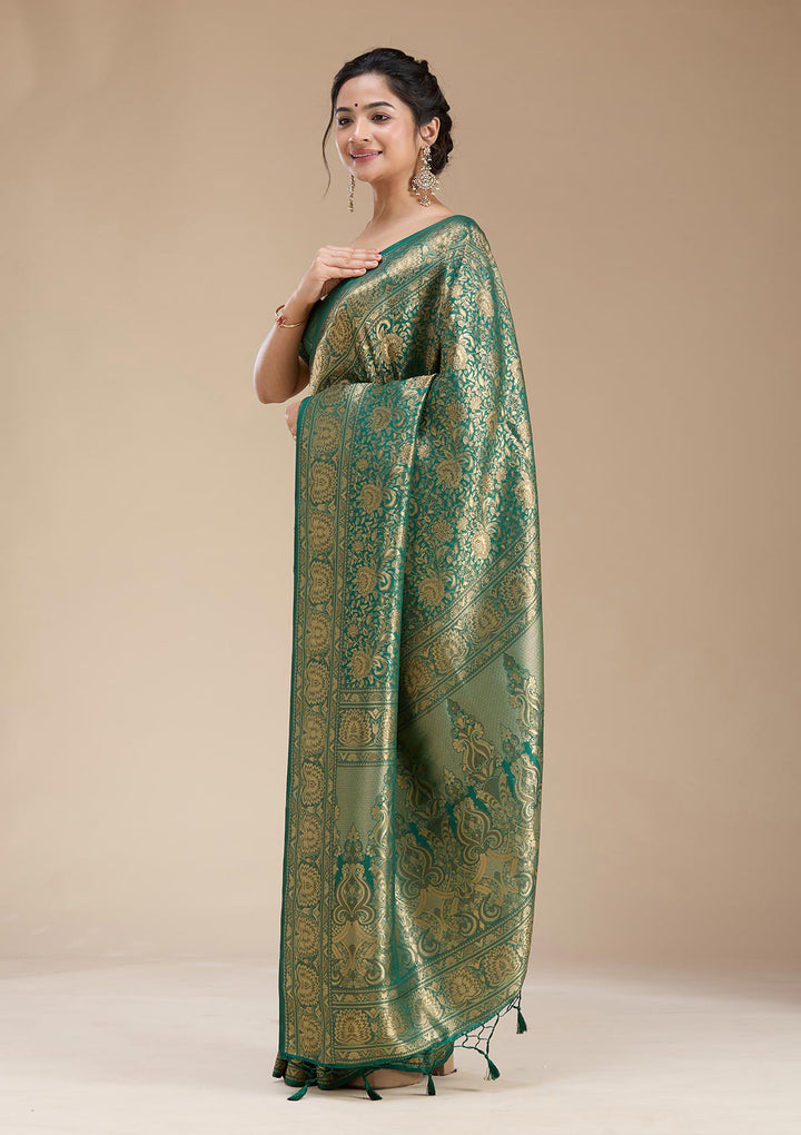 Bottle Green Silk Jaal Zariwork Saree With Matching Blouse Piece