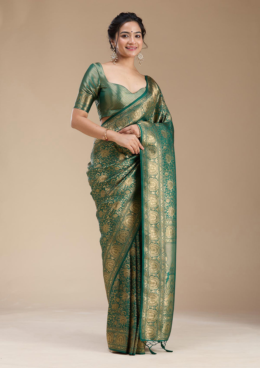 Bottle Green Silk Jaal Zariwork Saree With Matching Blouse Piece
