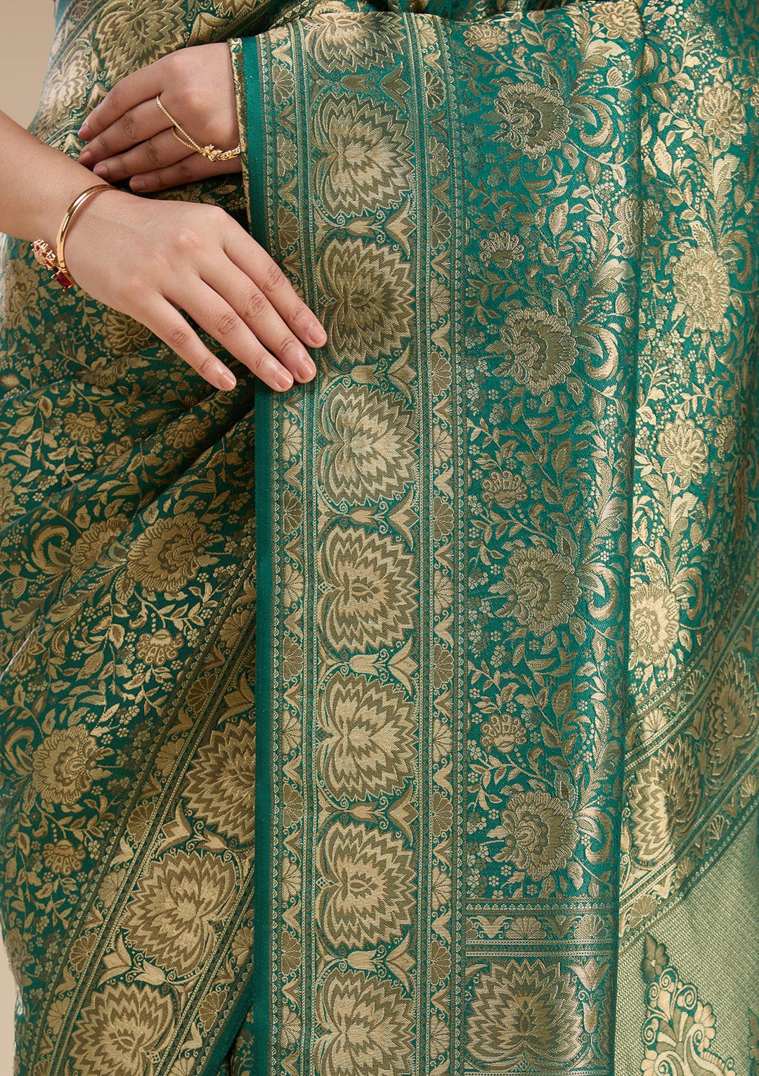 Bottle Green Silk Jaal Zariwork Saree With Matching Blouse Piece