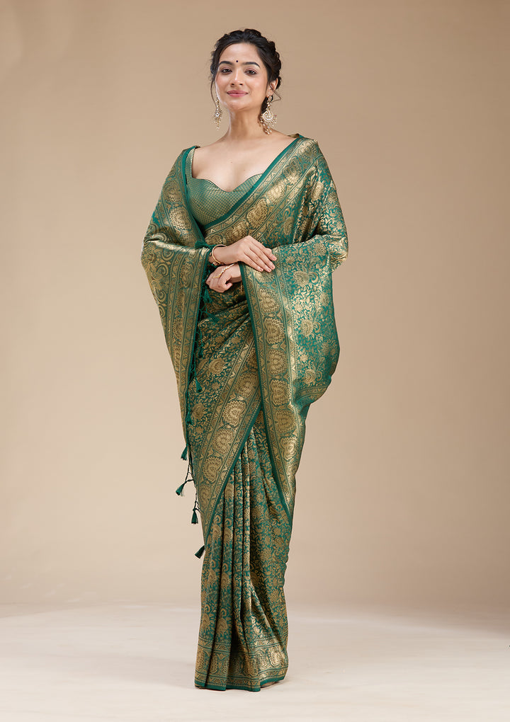 Bottle Green Silk Jaal Zariwork Saree With Matching Blouse Piece