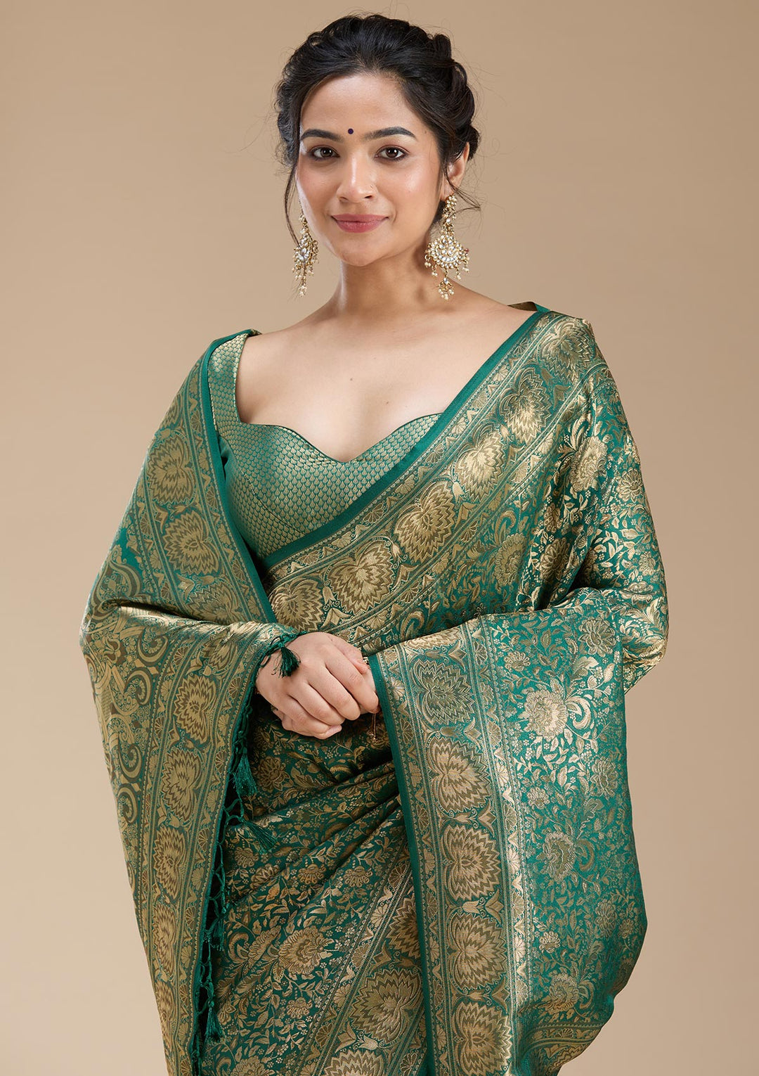 Bottle Green Silk Jaal Zariwork Saree With Matching Blouse Piece