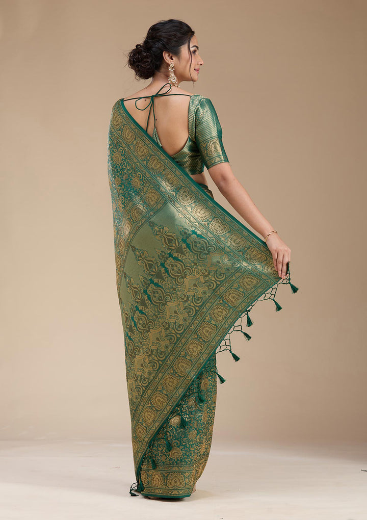 Bottle Green Silk Jaal Zariwork Saree With Matching Blouse Piece