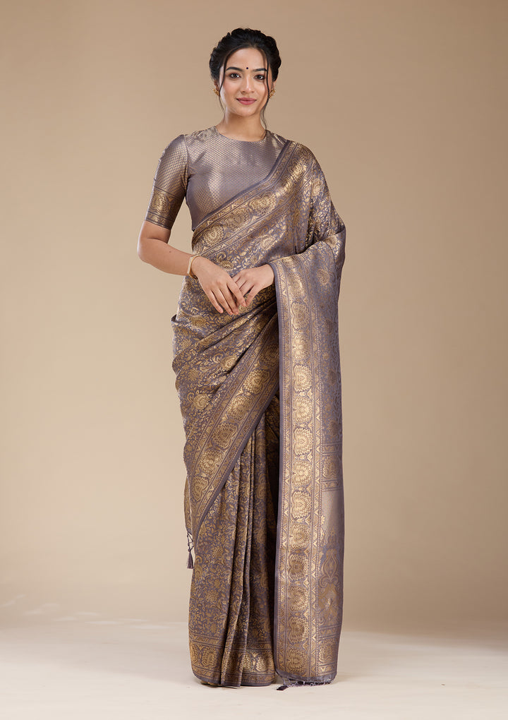 Lavender Silk Jaal Zariwork Saree With Matching Blouse Piece