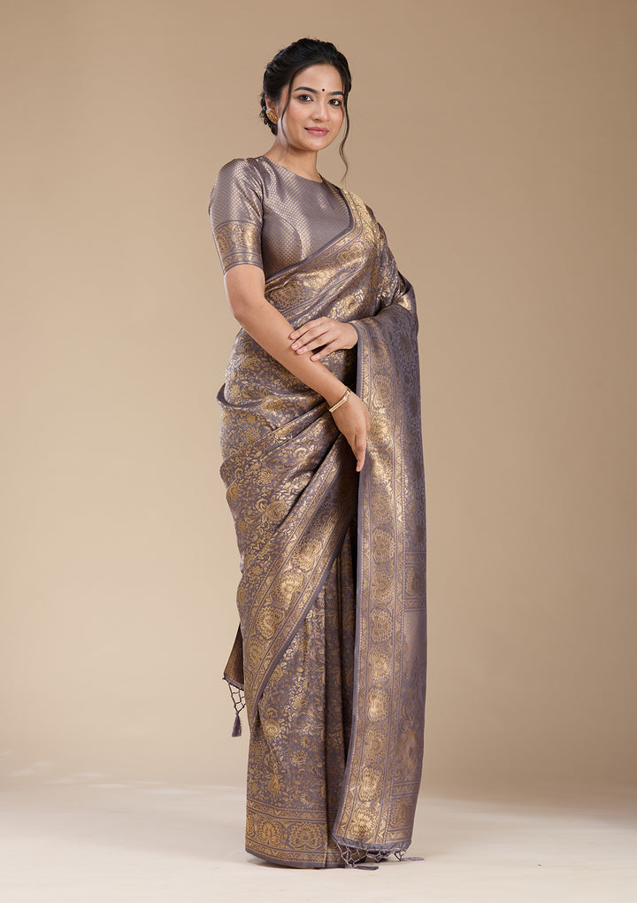 Lavender Silk Jaal Zariwork Saree With Matching Blouse Piece