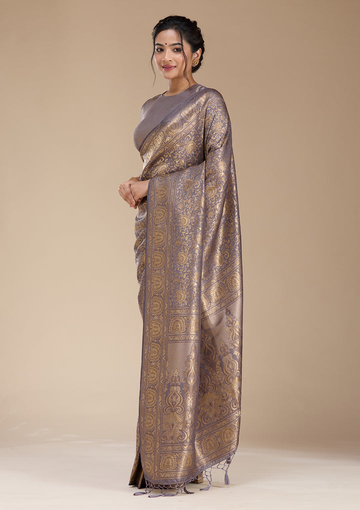 Lavender Silk Jaal Zariwork Saree With Matching Blouse Piece