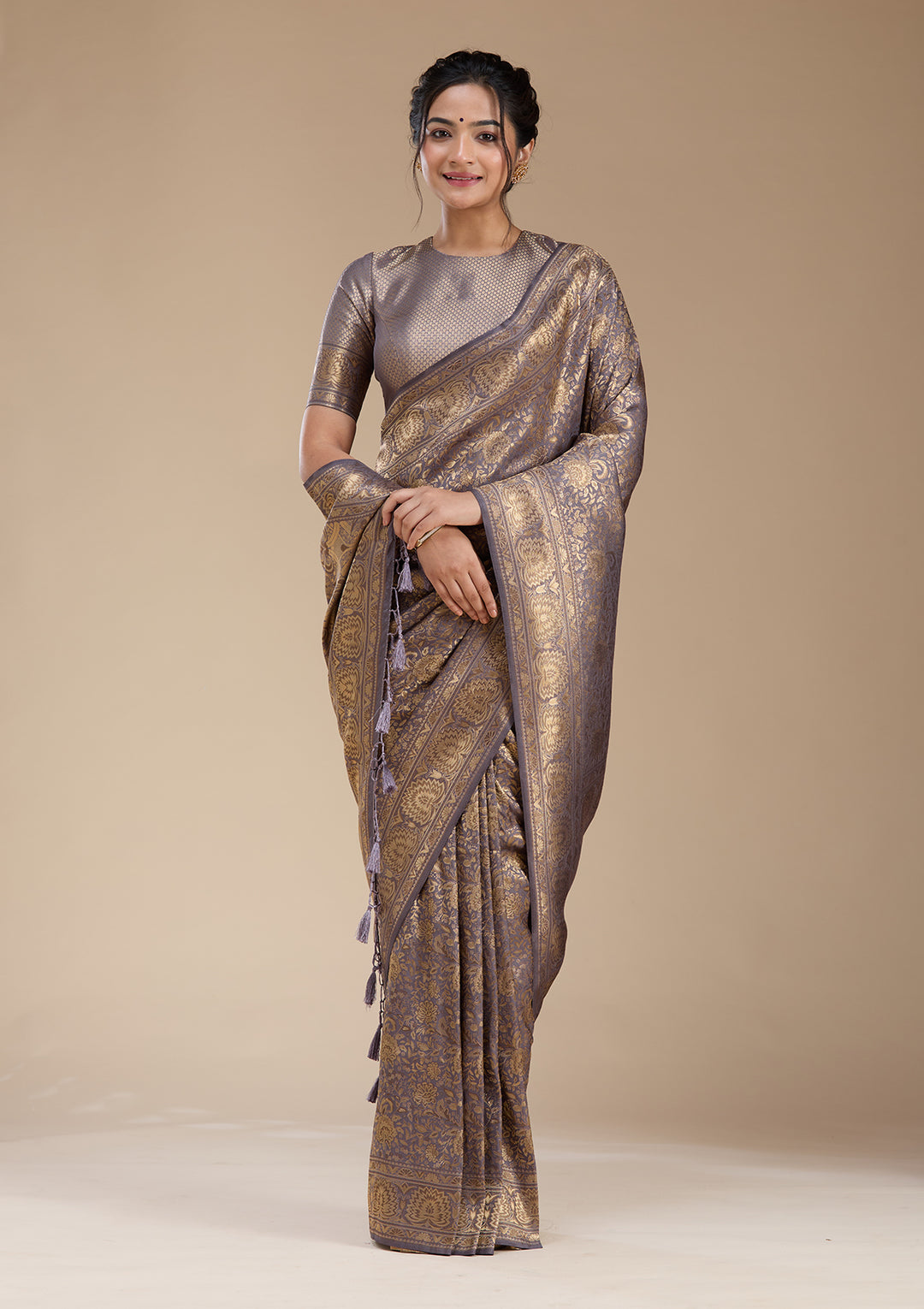 Lavender Silk Jaal Zariwork Saree With Matching Blouse Piece