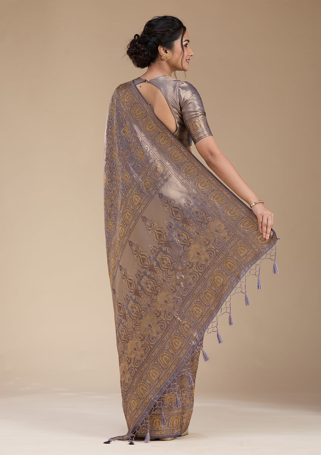 Lavender Silk Jaal Zariwork Saree With Matching Blouse Piece