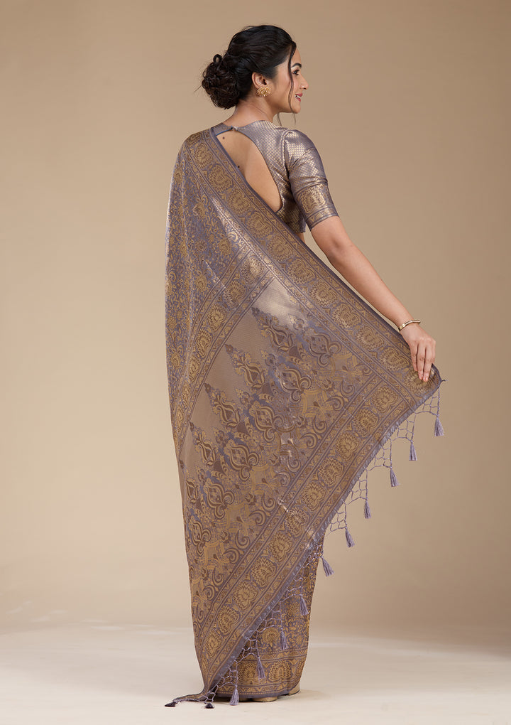 Lavender Silk Jaal Zariwork Saree With Matching Blouse Piece