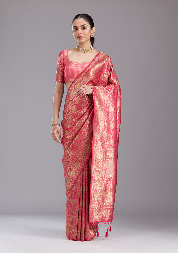 Pink Silk Jaal Zariwork Saree With Matching Blouse Piece
