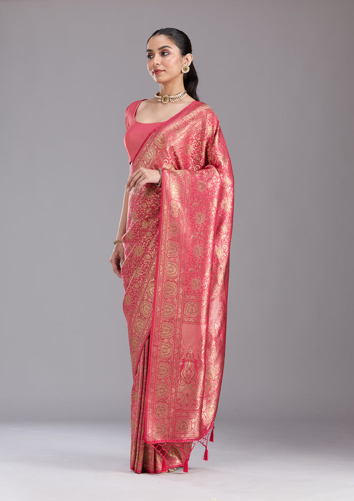 Pink Silk Jaal Zariwork Saree With Matching Blouse Piece