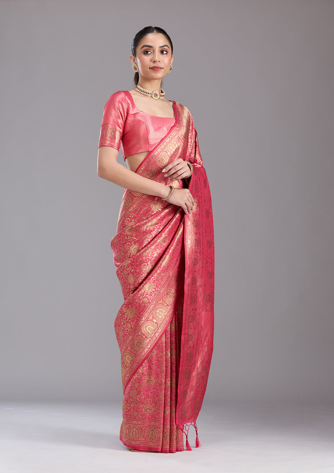 Pink Silk Jaal Zariwork Saree With Matching Blouse Piece