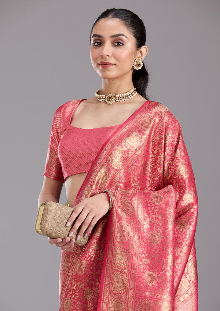Pink Silk Jaal Zariwork Saree With Matching Blouse Piece