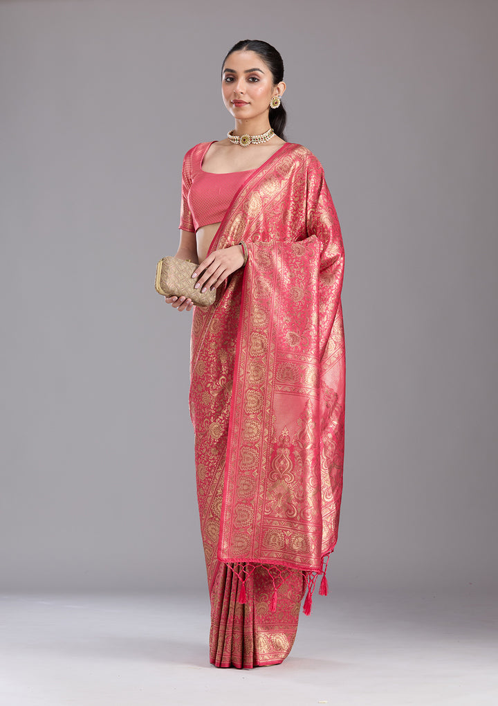 Pink Silk Jaal Zariwork Saree With Matching Blouse Piece