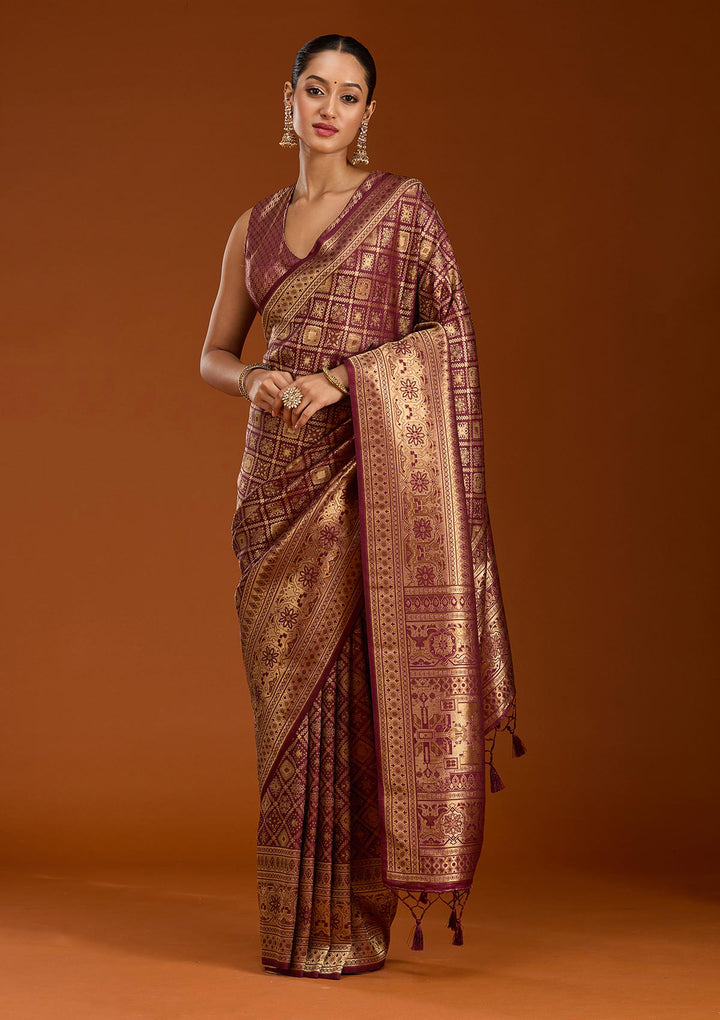 Maroon Silk Jaal Zariwork Saree With Matching Blouse Piece